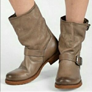Frye Veronica Short Taupe Leather Mid-Calf Buckled Engineer Boot Size 8